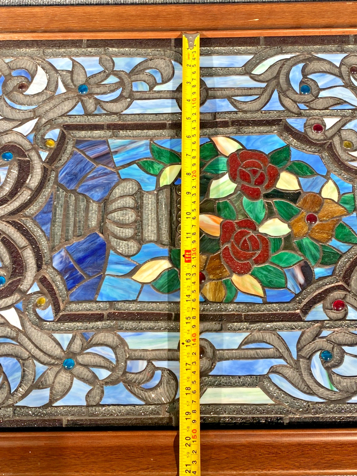 VINTAGE LARGE STAINED GLASS TALL Flower  38" x 23" ~ Framed