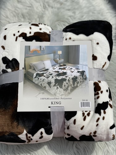 New king size super soft thick throw Blanket Cow print Black Brown White - Picture 4 of 5
