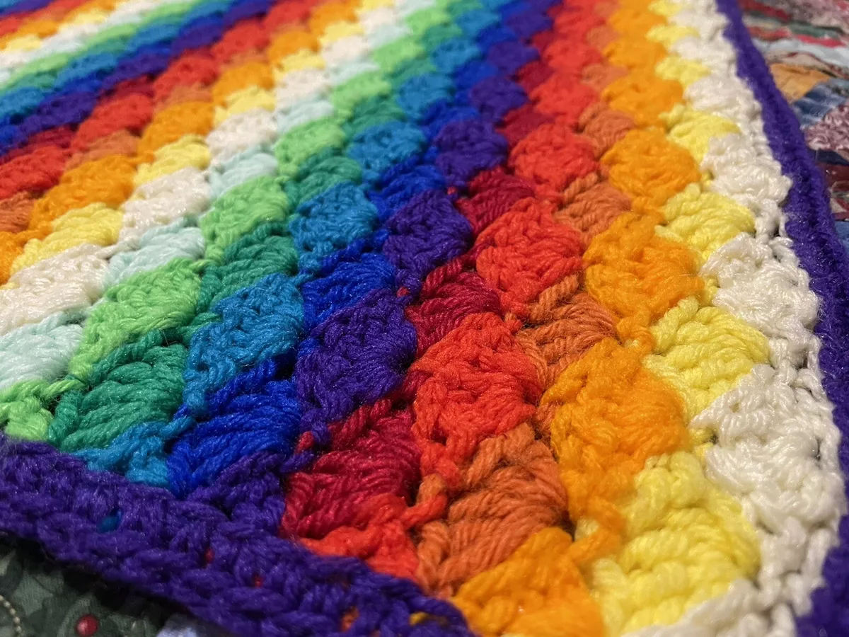 Vintage Rainbow Afghan 50 x72 Crochet Blanket Handmade Throw PRIDE