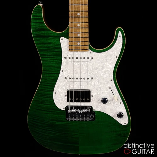 SUHR STANDARD CUSTOM TRANS GREEN W/ GOLD HARDWARE ROASTED SWAMP ASH FLAME MAPLE