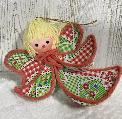 Vtg Patchwork Angel Christmas Ornament Balsa Wood Yarn Hair Cottagecore Eclectic