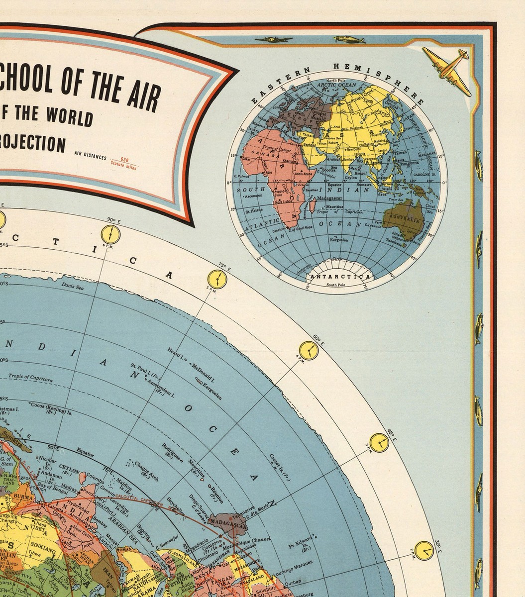 1944 Flat Earth Air Age Map of the World Wall Art Poster
