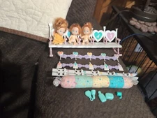 Vintage 90's Tyco Quints 3 Baby Dolls Set With , Skis, Pillow, Rattles, Toothpas