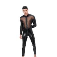 Men Faux Leather Bodysuit Jumpsuit Mesh Clubwear Party Splice Sheer Sexy Slim