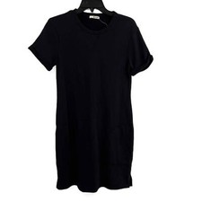 LAMade Black Short Sleeve Crew Neck Sweatshirt Dress With Pockets Knee Length 