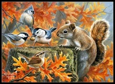 Squirrel With Birds - Chart Counted Cross Stitch Pattern Needlework DIY DMC    