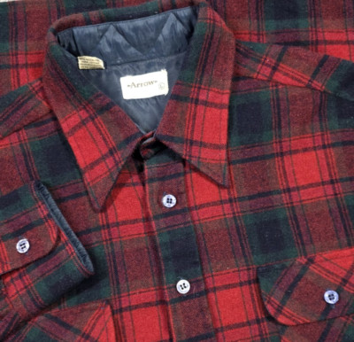 Vtg 60s Arrow Wool Red Buffolo Plaid Flannel Button Up Shirt Nylon Lined trim L