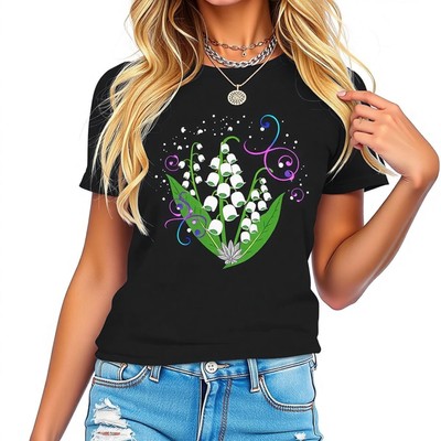 Stylish Black T-Shirt with Lily of the Valley Graphic Design - Fittedor Women--