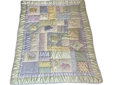 Baby Quilt with Appliqued Animals, Blues, Yellows, Green and Purple Mixed Fabric