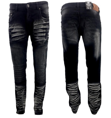 Mens Denim Jeans Skinny Slim Fit Trouser Men Two Tone Pants Stretch Biker Zipper