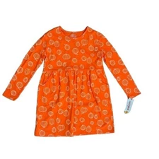 New Girls Cat & Jack Orange Pumpkin Print Dress Long Sleeve Pockets size XL-14