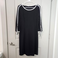 Talbots Womens Black White Stripe Tie Sleeve Sheath Dress Medium M