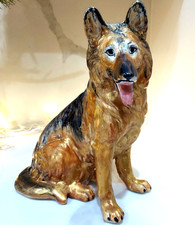 VINTAGE German Shepherd Dog 11" Statue Figure Signed Gold Accents MCM
