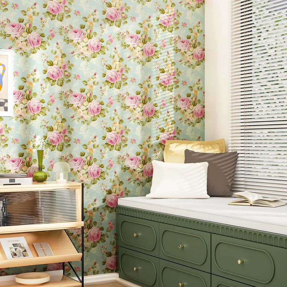 Papel pintado rosa azul pelar y pegar boho 17,5 x 118", azul, rosa Foto 4 de 4