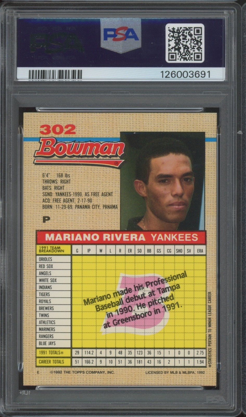 1992 Bowman #302 Mariano Rivera Autograph RC Rookie PSA DNA Authentic 10 Auto view 2