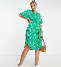 Asos Monki Green Polka Dot Short Sleeve Button Tie Waist Shirt Dress Sz S
