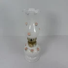 Vintage Small White Milk Glass Hobnail Oil Lamp With Raised Pink Flowers Roses