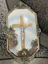 Vintage Antique Crucifix Glass Dome Metal Brass Frame Jesus INRI Catholic 1920s?