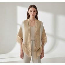 NEW Cream Beige Colorblock Hand Knitted Shawl Wrap Boho Cottage Coastal Artsy