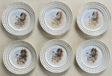 SERIE N°2 6 ASSIETTES PORCELAINE ANCIENNE AJOUREE 1900 1920 OISEAUX & FLEURS D21