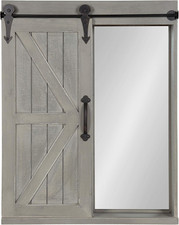 Rustic Gray Wood Wall Storage Cabinet with Mirror & Sliding Barn Door, 22x28