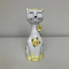 Vintage Handpainted Italian Pottery Cat Coin Bank Figurine Yellow Flowers 7 In