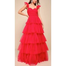 NWT Lulu's Fabulous Poise Bright Red Tulle Tiered Ruffle Gown Formal Dress L