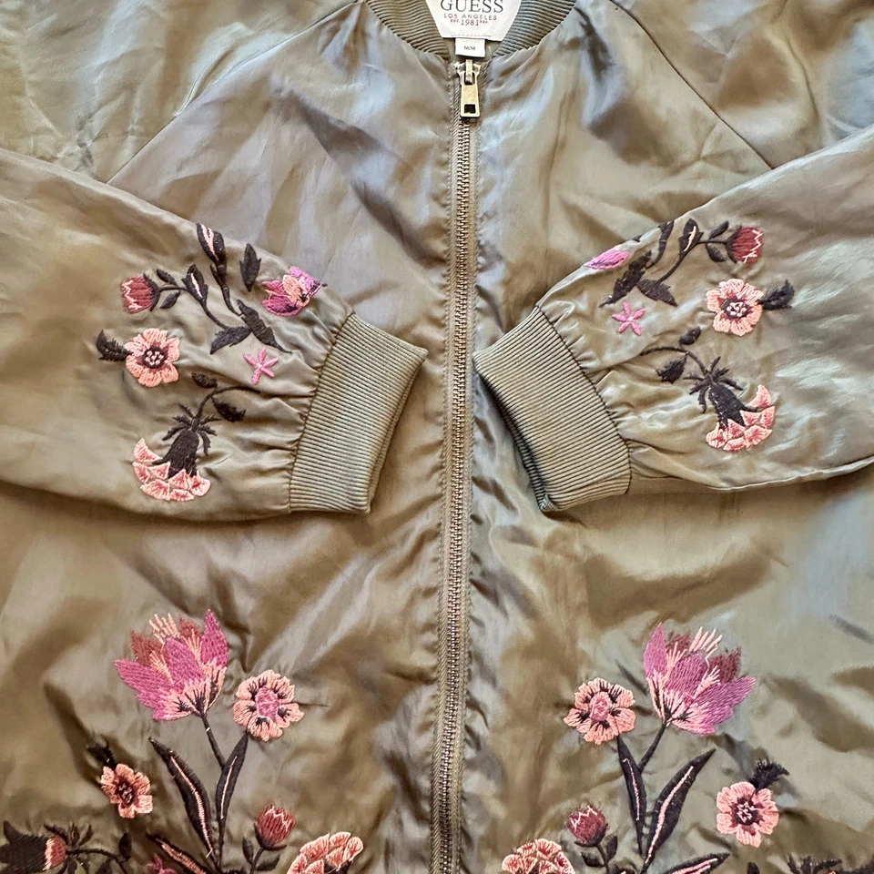 Chaqueta Bomber Guess Mujer M Verde Rosa Floral Bordada Brillante Boho Chic Y2K Foto 2 de 4