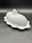Vintage Fenton Hobnail White Milk Glass Oval Butter Dish With Crown Top Lid EUC