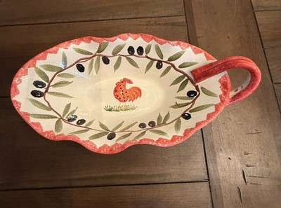 Ceramiche Le Favolose Hand Painted 12'' Bread Basket Oval Dish Red Rooster Olive