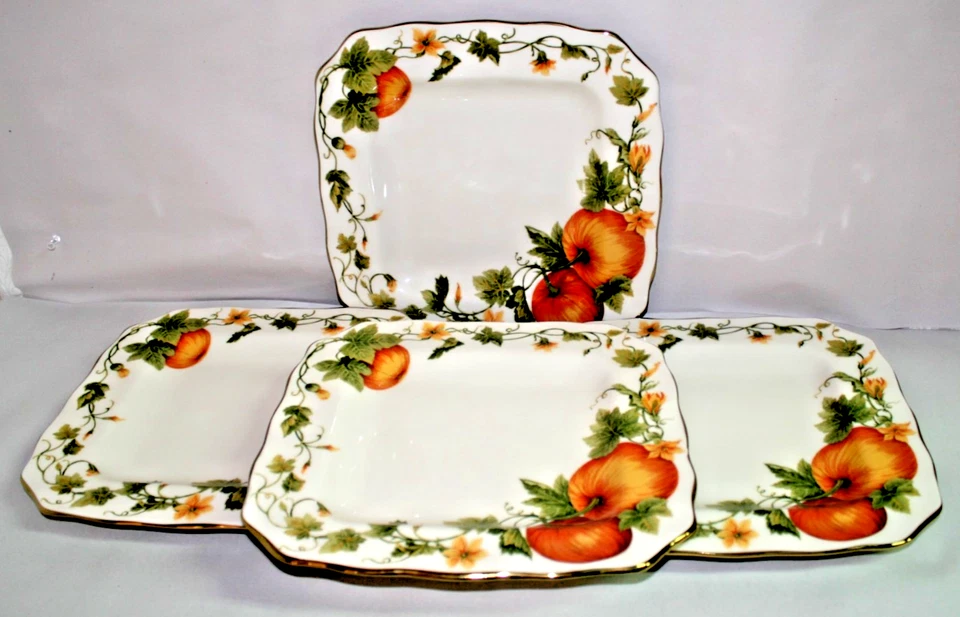 222 Fifth Classic Pumpkin 11" Square Porcelain Dinner Plates Set of Four New - Image 2 of 3