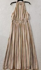 Women's Maxi Dress Size Large Peach Olive Green Brown Stripes Lined Nine West