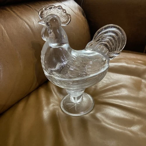 Vtg L.E. Smith Clear Glass Rooster Covered Candy Dish Chicken Depression Easter.