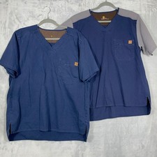 Carhartt Mens Scrub Tops M Blue Ripstop V-Neck Pocket Medical Workwear LOT of 2