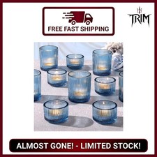 10pcs Ribbed Blue Votive Candle Holders, Assorted Tea Light Candle Holder Gla...