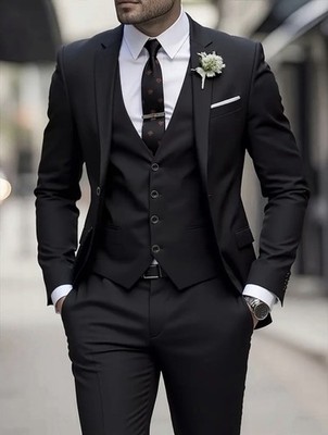 Men's Black 2-Piece Suit XL Regular Solid Single Traje de 2 piezas Chaq+pantalon