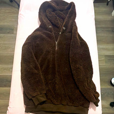 Women's Brown Sherpa Fleece Hooded 1/4 Zip Pullover Hoodie Sweatshirt M