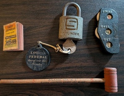 Vintage Misc Lot Gavel Padlock Rawlings Counter Fast Express Card Game