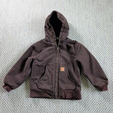Carhartt Hooded Coat Jacket Full Zip Brown Duck Canvas Youth Small 8/10 Quilted