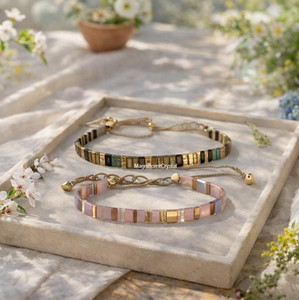 Authentic 2PCS Vintage Miyuki Tila 14K Gold Plated Bracelet Handmade Minimalist Women