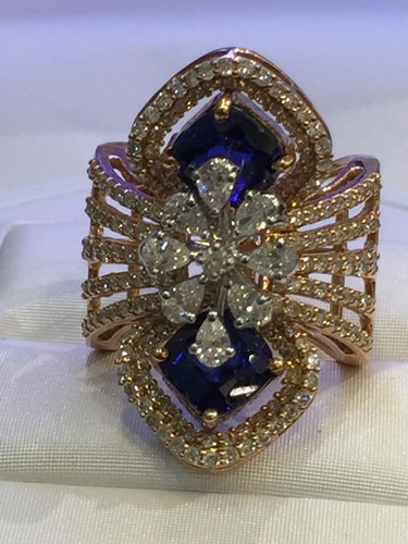 Pave 6.67 Cts Round Pear Cut Diamonds Sapphire Cocktail Ring In 750 18Karat Gold - Picture 11 of 12