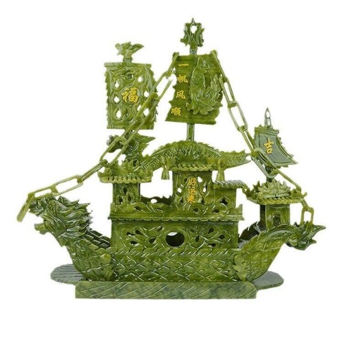 Große chinesische handgeschnitzte 100 % natürliche Jade Drache Räucherstatue Drachenboot - Bild 3 von 4
