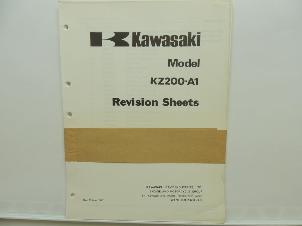 Vintage 1977 Kawasaki KZ200 A1 Motorcycle Revision Sheets Parts