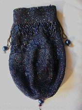 Antique Art Deco Pearl Embellishment Blue Crochet Carnival Bead Drawstring Purse