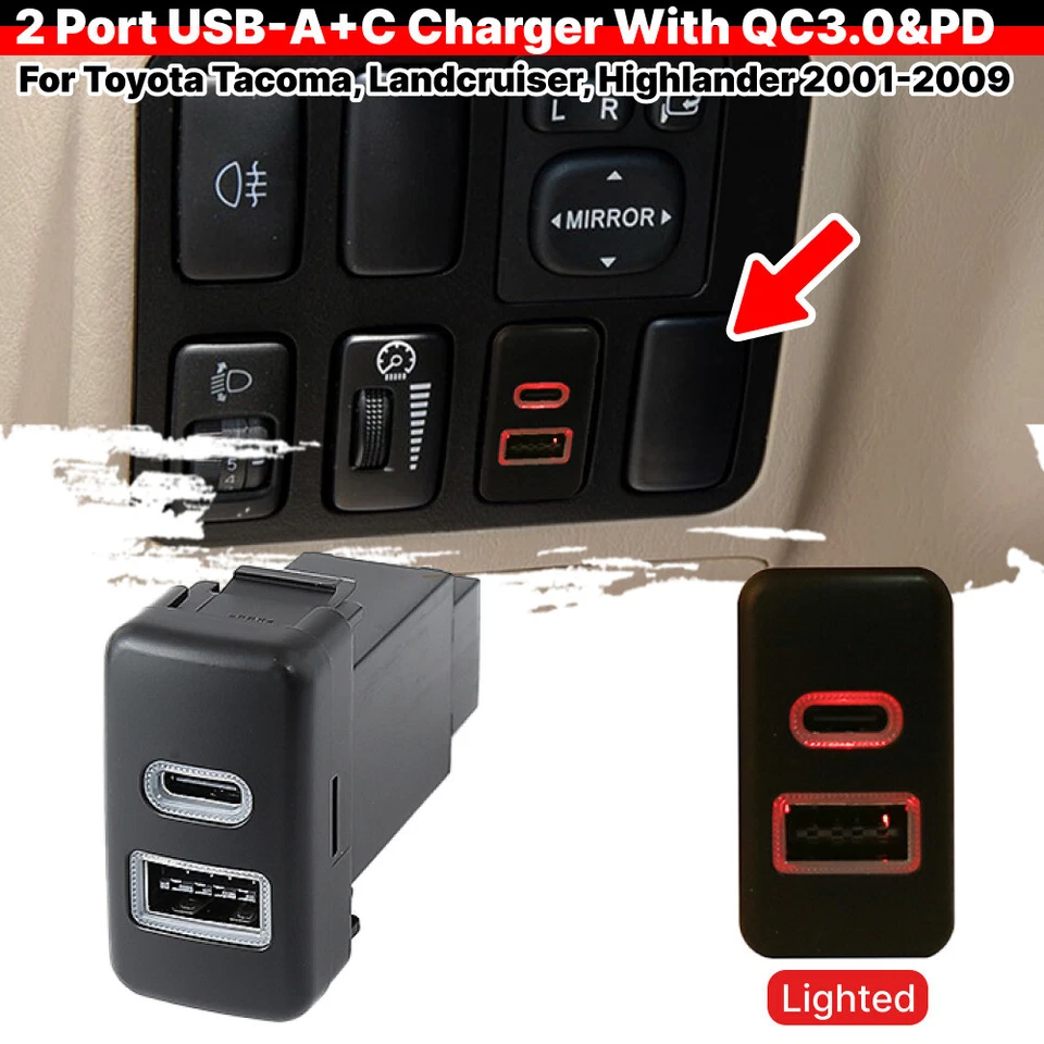 Interruptor de enchufe cargador de alimentación USB premium tipo A/C de doble puerto 36 W para Toyota Tacoma Foto 2 de 4