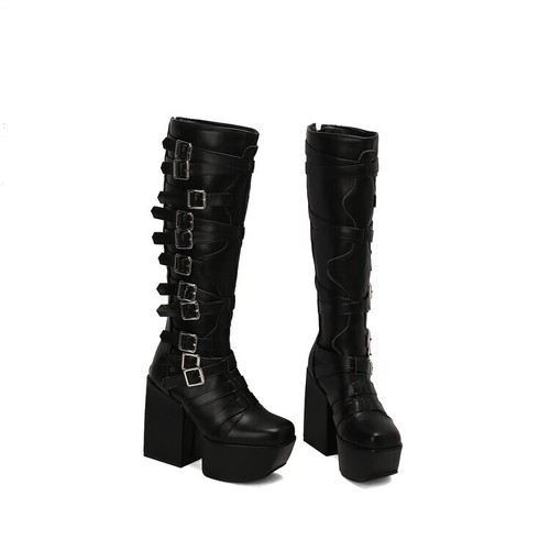 Punk Women Lace Up Combat Rock Platform High Block Heels Ridding Knee High Boots - Picture 19 of 19