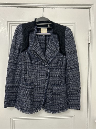 Rebecca Taylor Navy Tweed & Lace Front Zip Pocket Blue Fringe Blazer Sz 2 - Picture 2 of 5