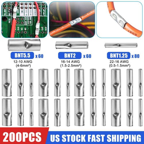 100/200Pcs Copper Bare Wire Splice Terminals Ferrule Butt Crimp Connectors US - Picture 7 of 12