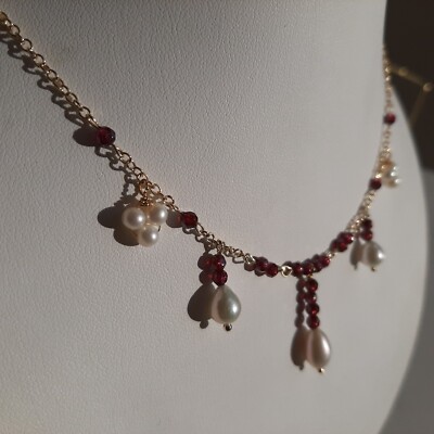 Collier Perles De Culture En Grenat, Plaqué Or Jaune 14k - Idéal Mariage Ou Occasion Spéciale, Fait Main
