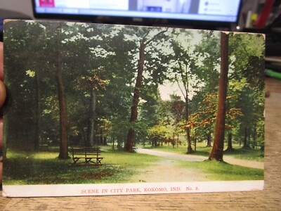 K9 Old INDIANA Postcard Kokomo City Park Scene Bench Tall Trees Many Cut Down